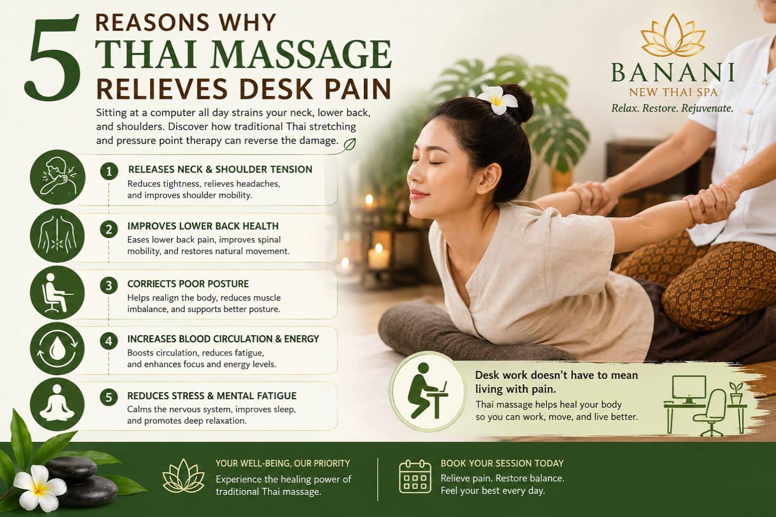 Read more about the article 5 Reasons Why Regular Thai Massage Relieves Chronic Desk Pain